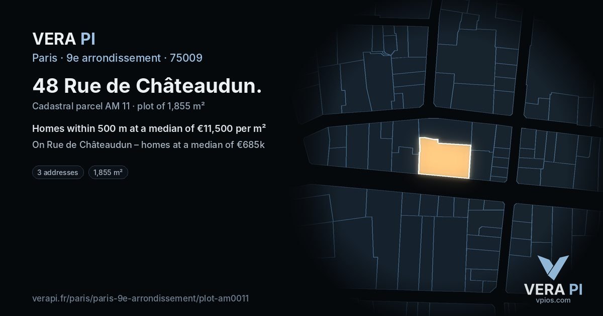 48 Rue de Châteaudun, 9e arrondissement at night – the plot lit, the parcels around coloured by the prices near them
