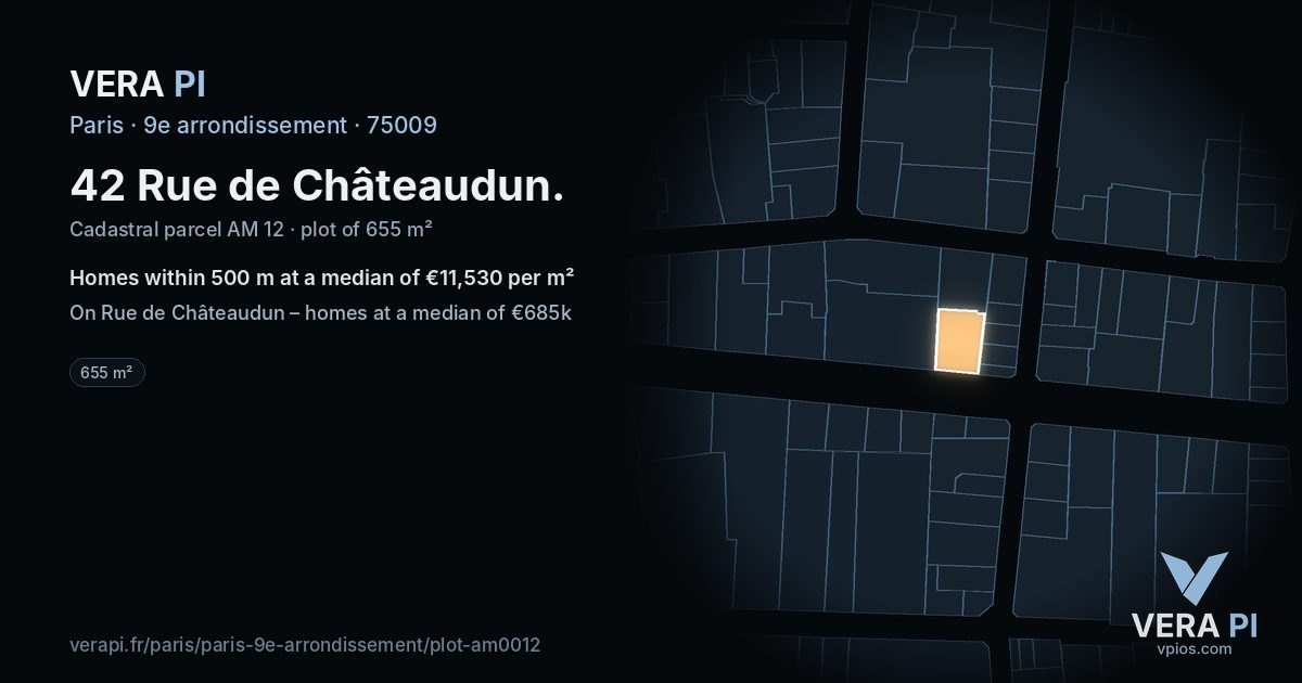42 Rue de Châteaudun, 9e arrondissement at night – the plot lit, the parcels around coloured by the prices near them