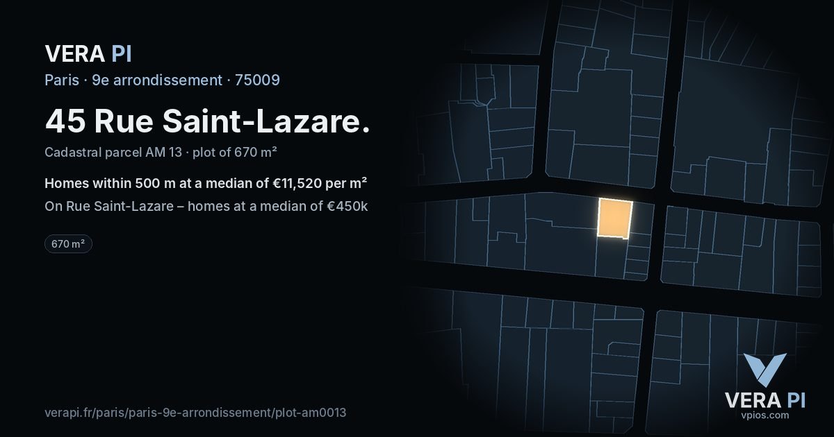 45 Rue Saint-Lazare, 9e arrondissement at night – the plot lit, the parcels around coloured by the prices near them