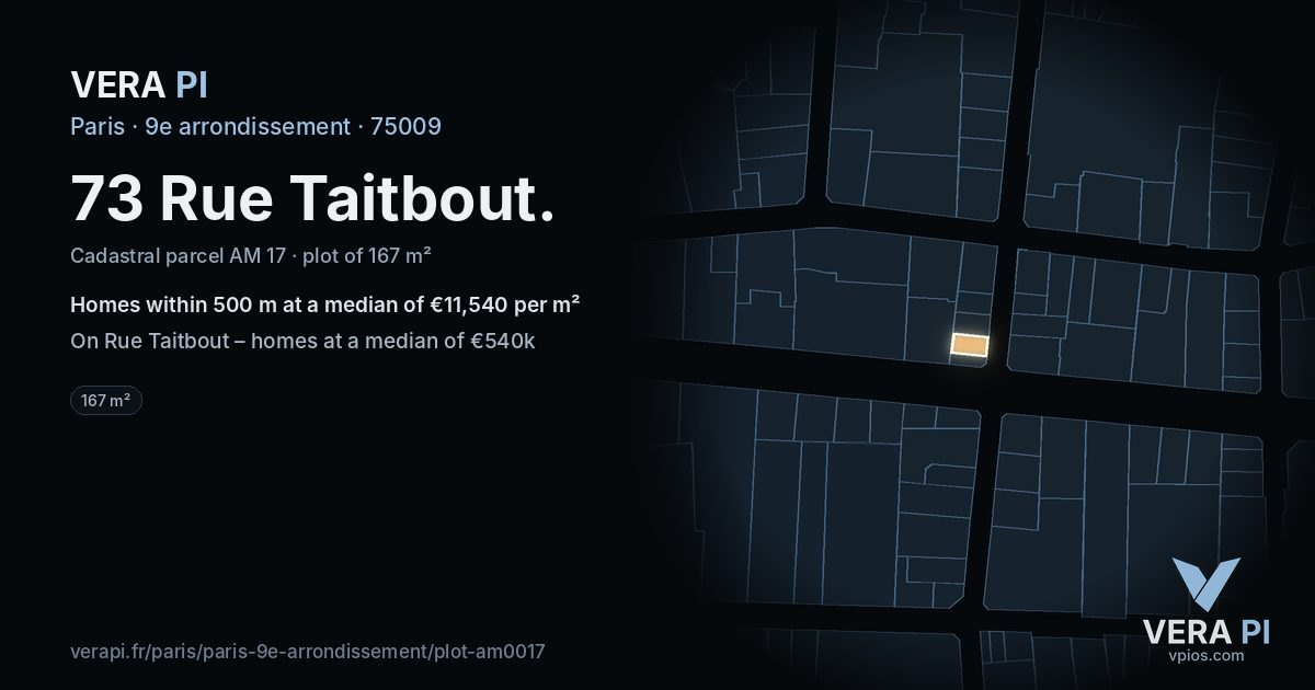 73 Rue Taitbout, 9e arrondissement at night – the plot lit, the parcels around coloured by the prices near them