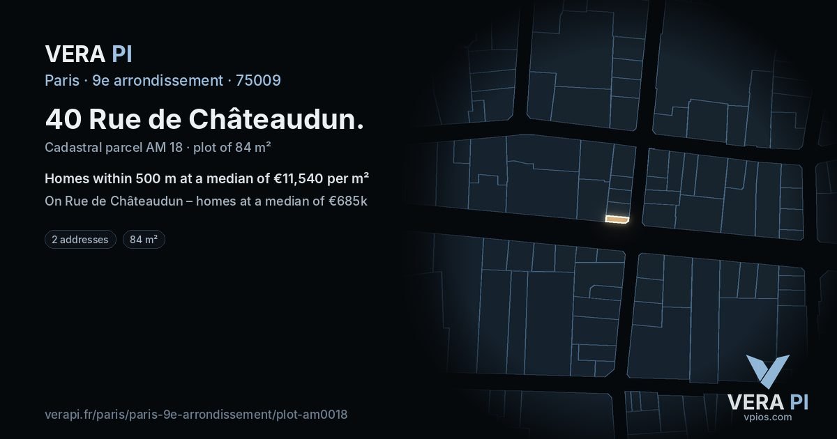 40 Rue de Châteaudun, 9e arrondissement at night – the plot lit, the parcels around coloured by the prices near them