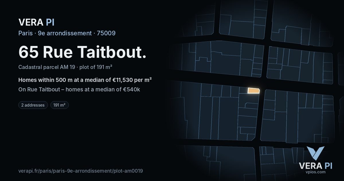 65 Rue Taitbout, 9e arrondissement at night – the plot lit, the parcels around coloured by the prices near them