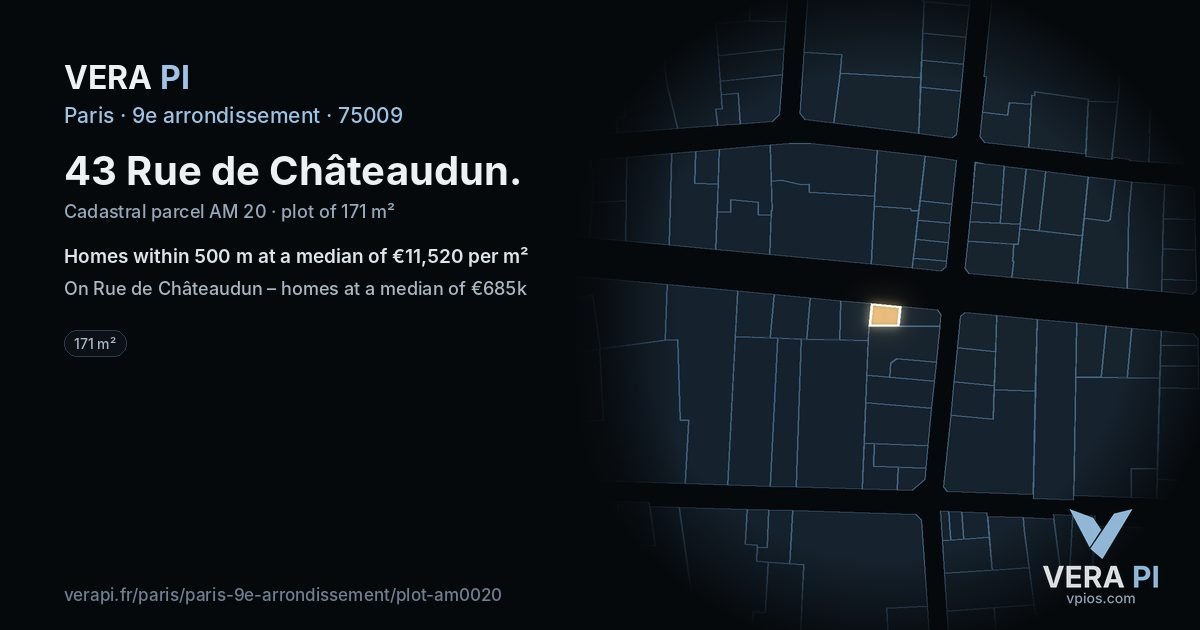 43 Rue de Châteaudun, 9e arrondissement at night – the plot lit, the parcels around coloured by the prices near them