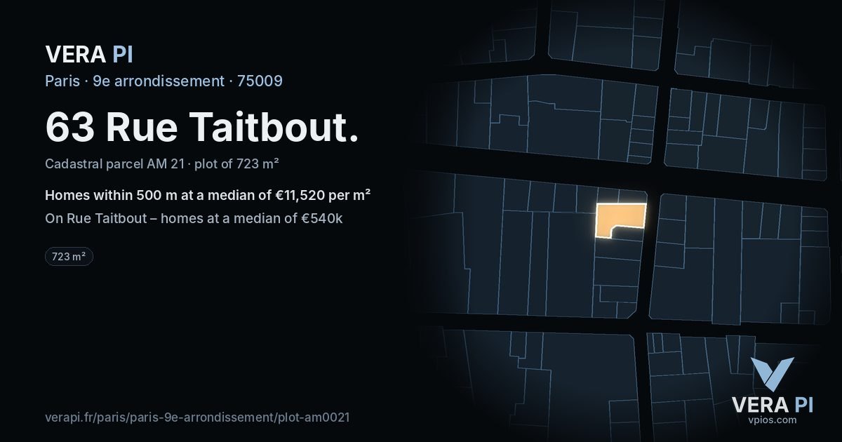63 Rue Taitbout, 9e arrondissement at night – the plot lit, the parcels around coloured by the prices near them