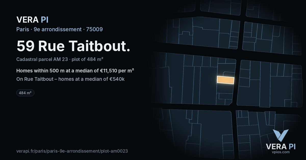 59 Rue Taitbout, 9e arrondissement at night – the plot lit, the parcels around coloured by the prices near them