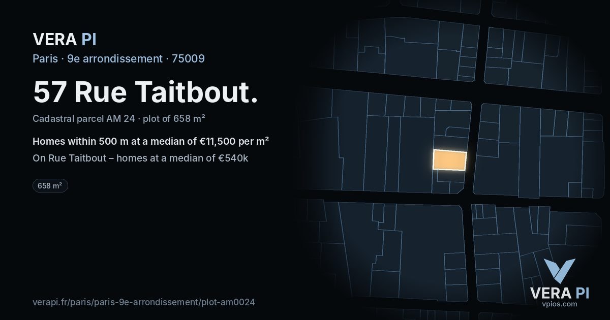 57 Rue Taitbout, 9e arrondissement at night – the plot lit, the parcels around coloured by the prices near them