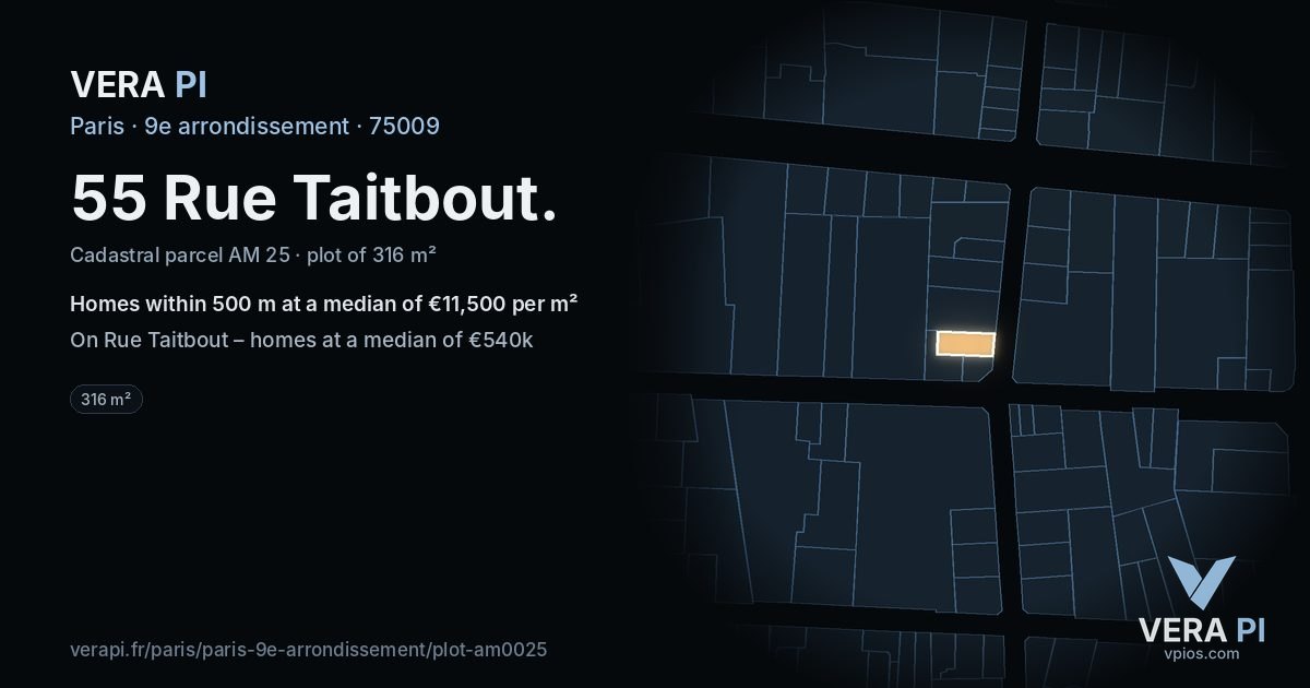 55 Rue Taitbout, 9e arrondissement at night – the plot lit, the parcels around coloured by the prices near them