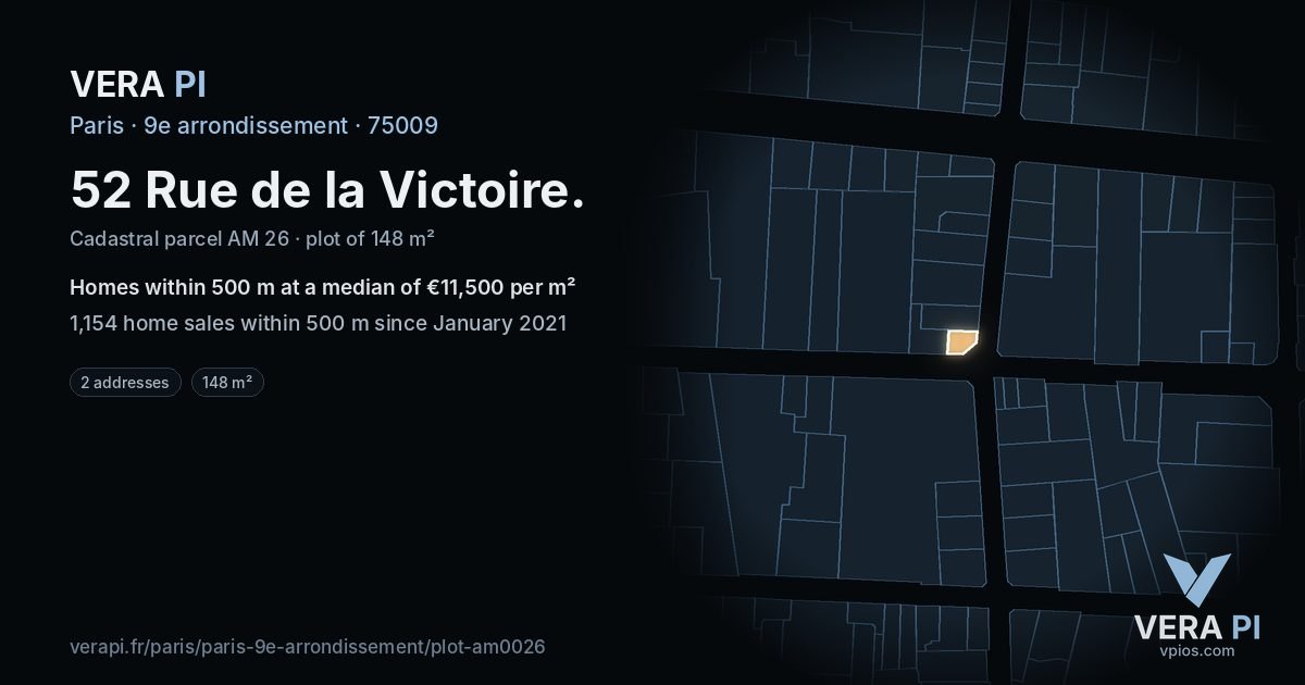 52 Rue de la Victoire, 9e arrondissement at night – the plot lit, the parcels around coloured by the prices near them