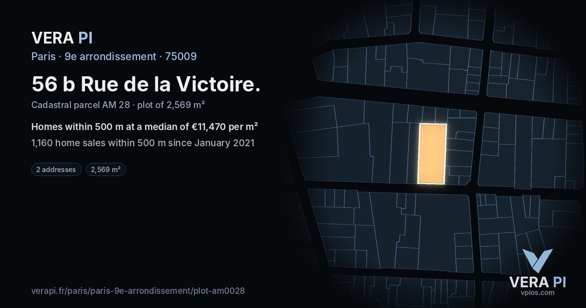 56 b Rue de la Victoire, 9e arrondissement at night – the plot lit, the parcels around coloured by the prices near them