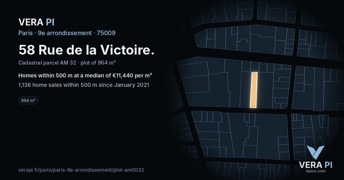 58 Rue de la Victoire, 9e arrondissement at night – the plot lit, the parcels around coloured by the prices near them