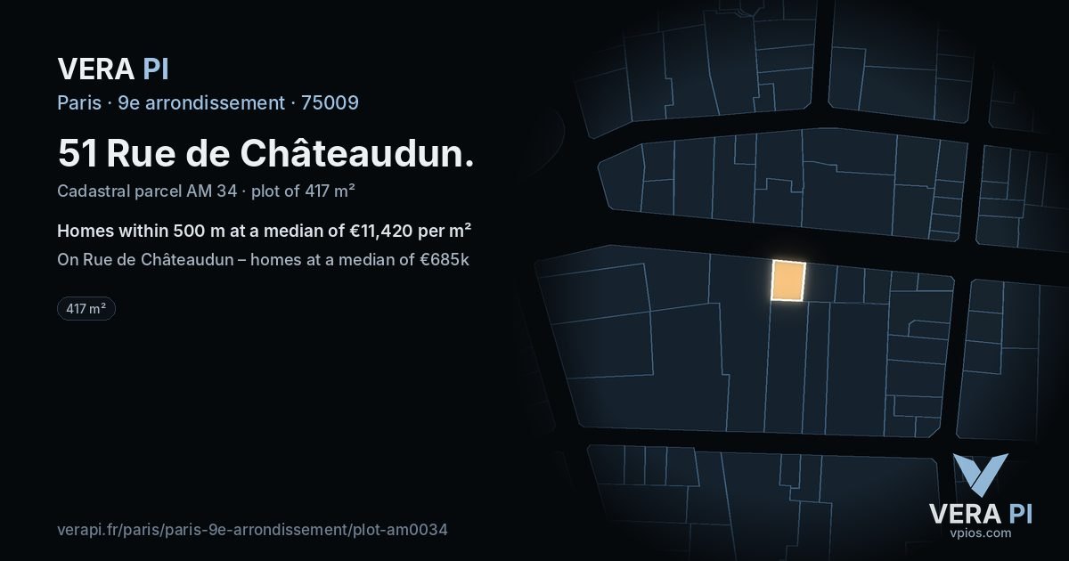 51 Rue de Châteaudun, 9e arrondissement at night – the plot lit, the parcels around coloured by the prices near them