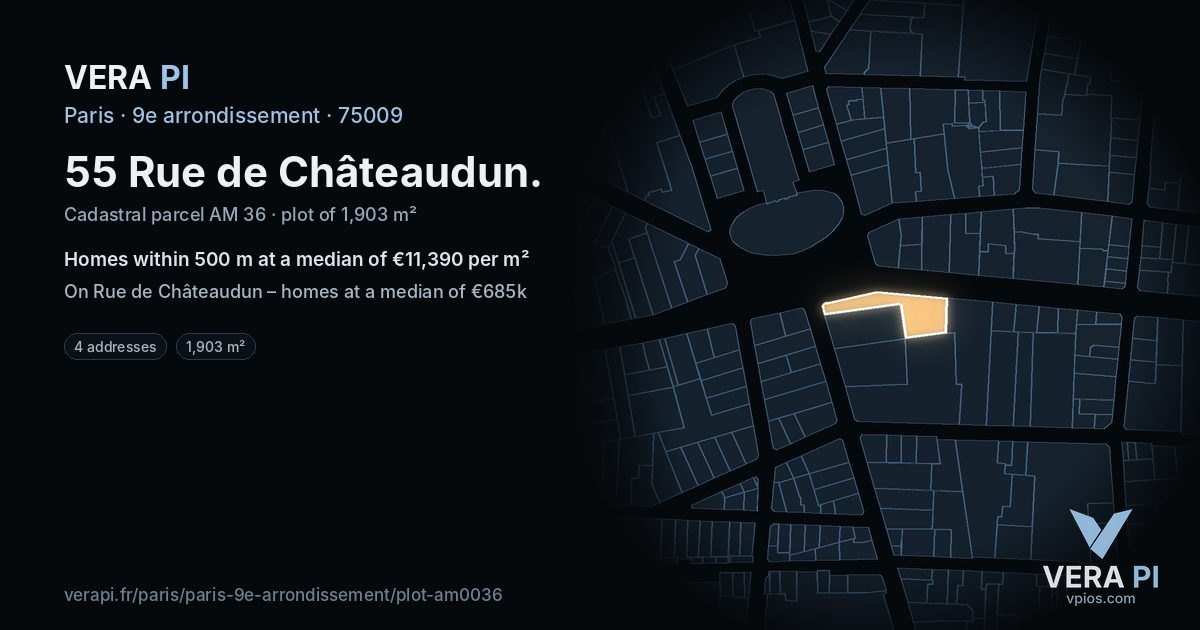 55 Rue de Châteaudun, 9e arrondissement at night – the plot lit, the parcels around coloured by the prices near them