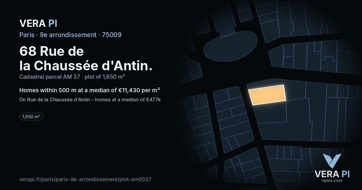 68 Rue de la Chaussée d'Antin, 9e arrondissement at night – the plot lit, the parcels around coloured by the prices near them