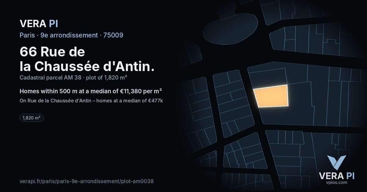 66 Rue de la Chaussée d'Antin, 9e arrondissement at night – the plot lit, the parcels around coloured by the prices near them