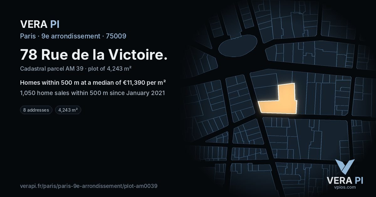 78 Rue de la Victoire, 9e arrondissement at night – the plot lit, the parcels around coloured by the prices near them