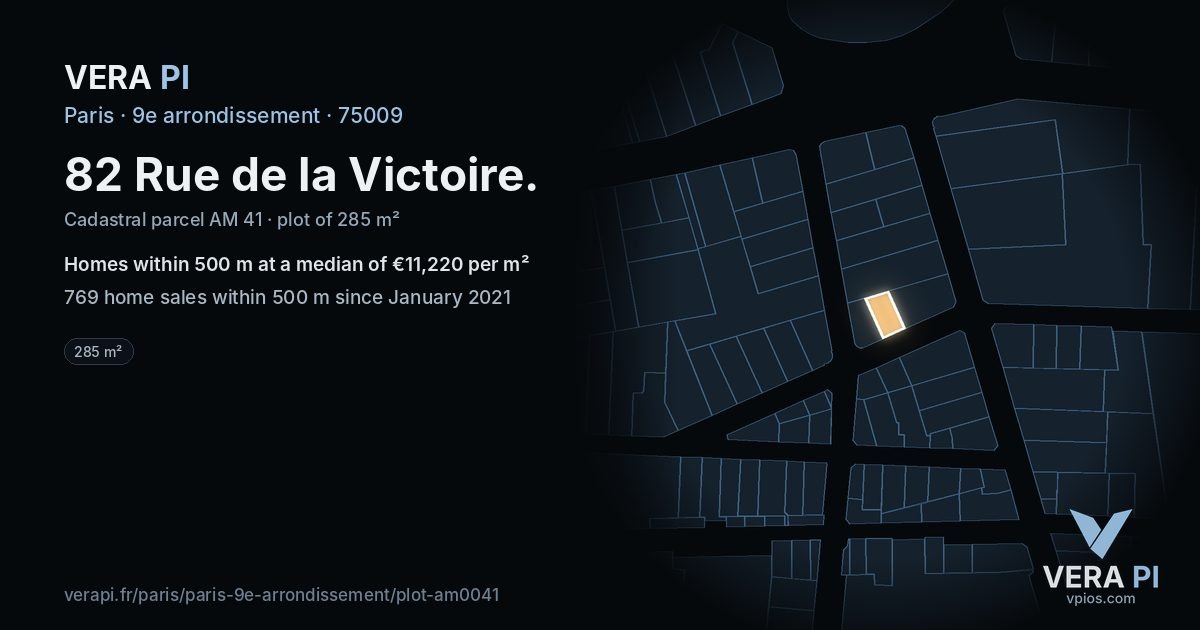 82 Rue de la Victoire, 9e arrondissement at night – the plot lit, the parcels around coloured by the prices near them