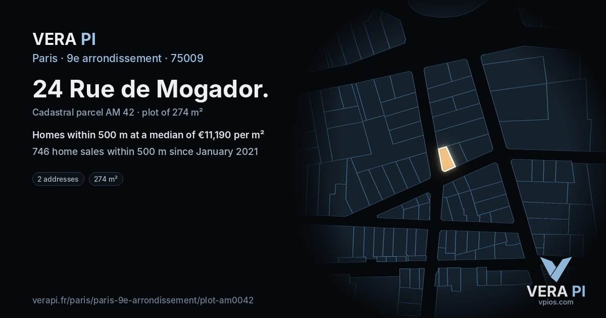 24 Rue de Mogador, 9e arrondissement at night – the plot lit, the parcels around coloured by the prices near them