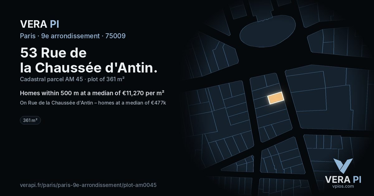 53 Rue de la Chaussée d'Antin, 9e arrondissement at night – the plot lit, the parcels around coloured by the prices near them