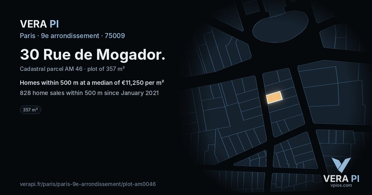 30 Rue de Mogador, 9e arrondissement at night – the plot lit, the parcels around coloured by the prices near them