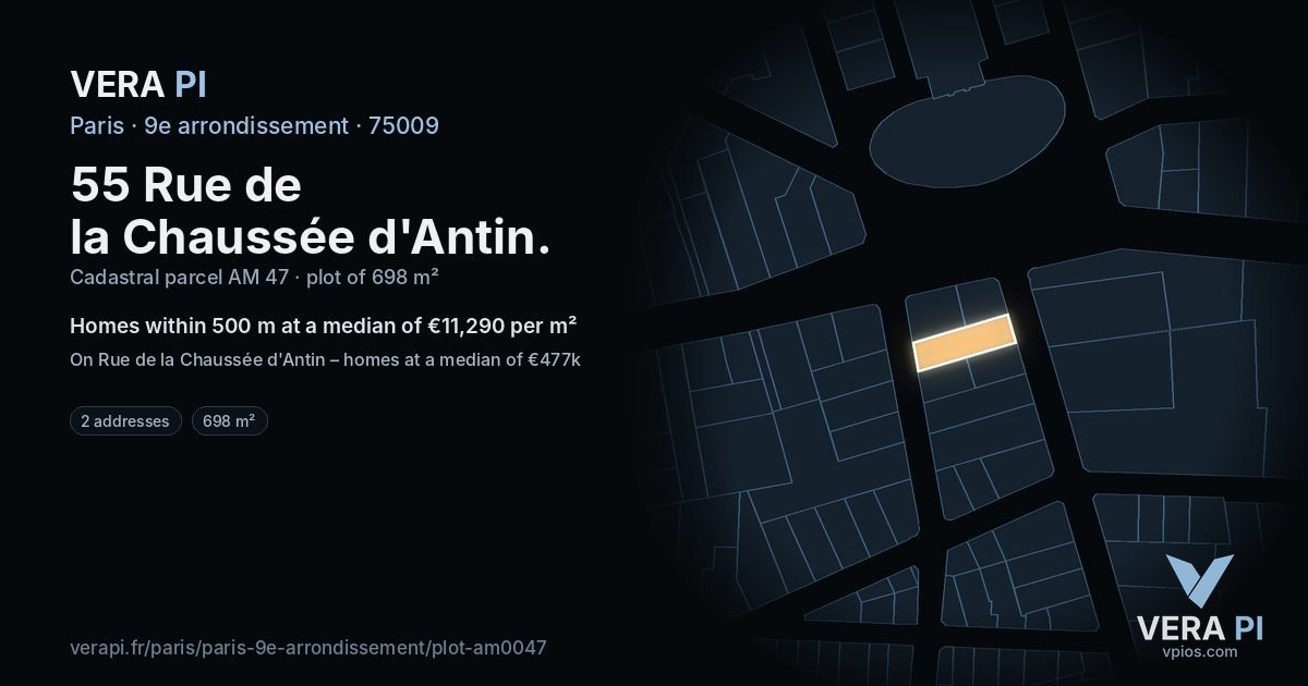 55 Rue de la Chaussée d'Antin, 9e arrondissement at night – the plot lit, the parcels around coloured by the prices near them