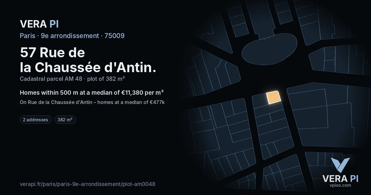 57 Rue de la Chaussée d'Antin, 9e arrondissement at night – the plot lit, the parcels around coloured by the prices near them
