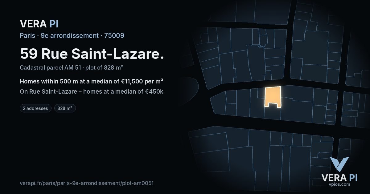 59 Rue Saint-Lazare, 9e arrondissement at night – the plot lit, the parcels around coloured by the prices near them