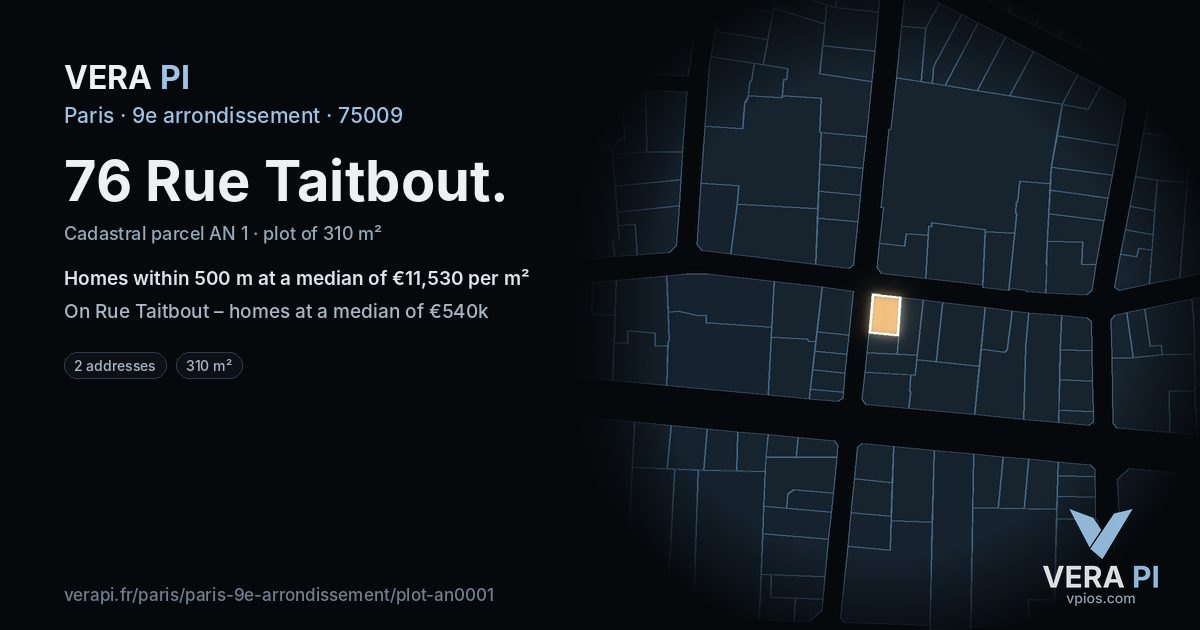 76 Rue Taitbout, 9e arrondissement at night – the plot lit, the parcels around coloured by the prices near them