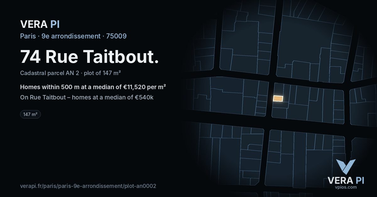 74 Rue Taitbout, 9e arrondissement at night – the plot lit, the parcels around coloured by the prices near them