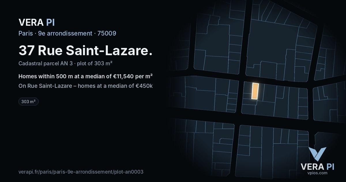37 Rue Saint-Lazare, 9e arrondissement at night – the plot lit, the parcels around coloured by the prices near them