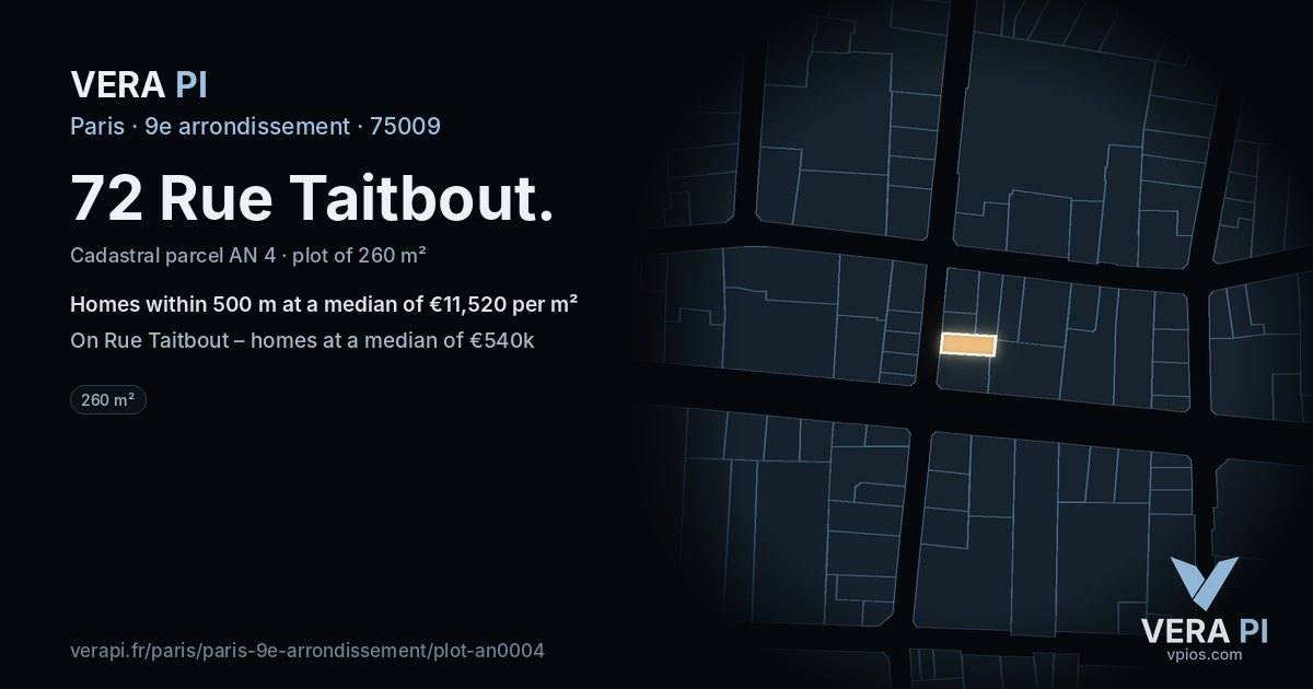 72 Rue Taitbout, 9e arrondissement at night – the plot lit, the parcels around coloured by the prices near them