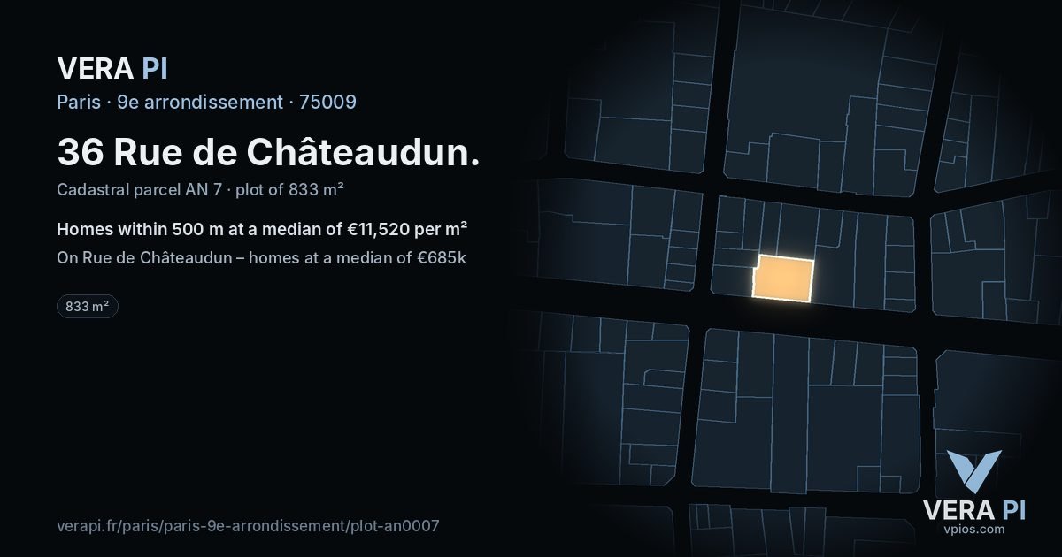 36 Rue de Châteaudun, 9e arrondissement at night – the plot lit, the parcels around coloured by the prices near them