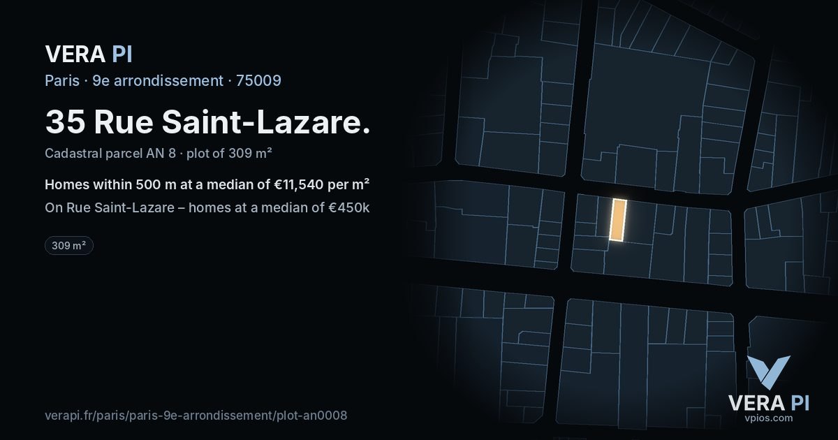 35 Rue Saint-Lazare, 9e arrondissement at night – the plot lit, the parcels around coloured by the prices near them