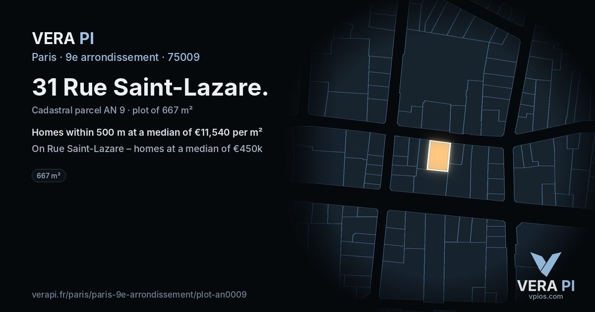31 Rue Saint-Lazare, 9e arrondissement at night – the plot lit, the parcels around coloured by the prices near them