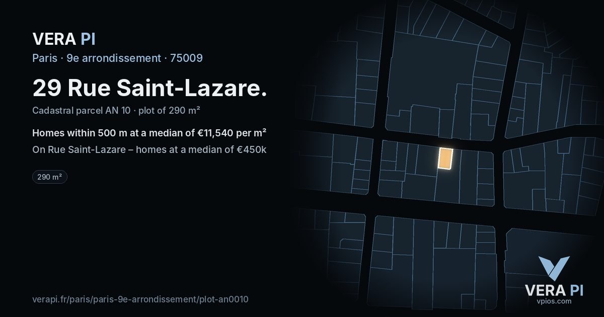 29 Rue Saint-Lazare, 9e arrondissement at night – the plot lit, the parcels around coloured by the prices near them