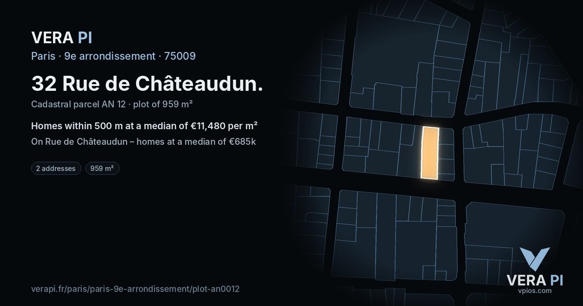 32 Rue de Châteaudun, 9e arrondissement at night – the plot lit, the parcels around coloured by the prices near them