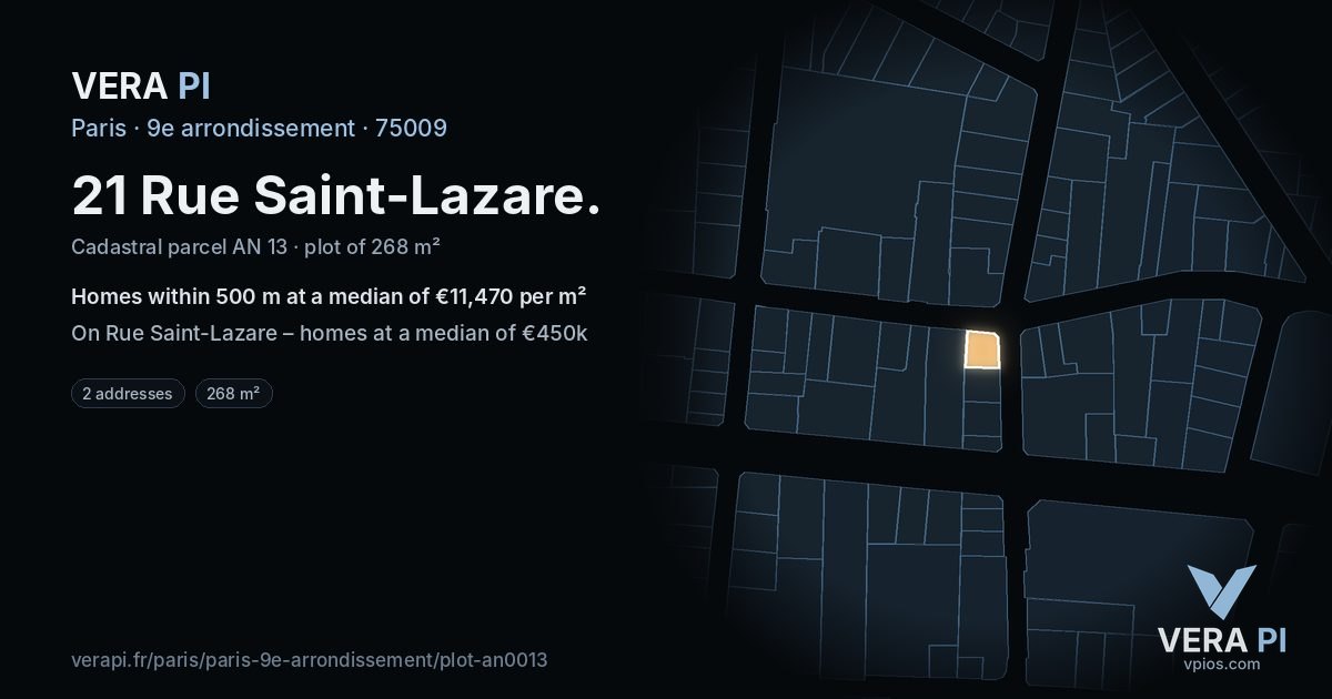 21 Rue Saint-Lazare, 9e arrondissement at night – the plot lit, the parcels around coloured by the prices near them