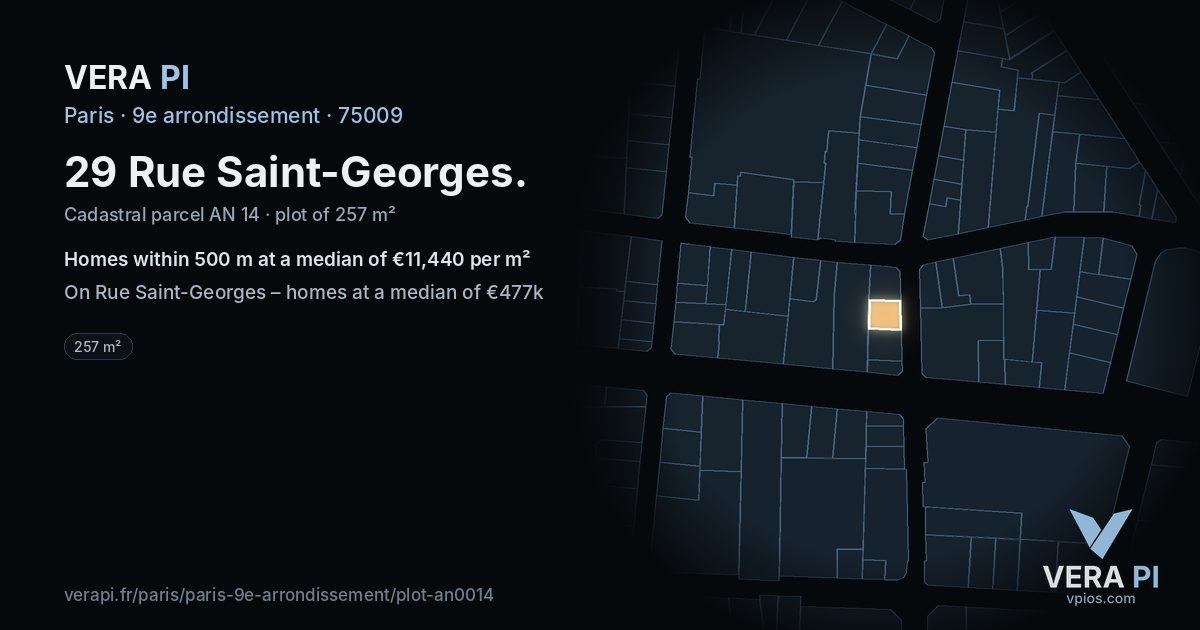 29 Rue Saint-Georges, 9e arrondissement at night – the plot lit, the parcels around coloured by the prices near them