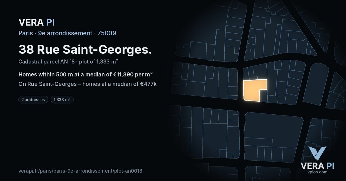 38 Rue Saint-Georges, 9e arrondissement at night – the plot lit, the parcels around coloured by the prices near them