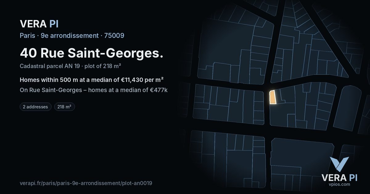 40 Rue Saint-Georges, 9e arrondissement at night – the plot lit, the parcels around coloured by the prices near them