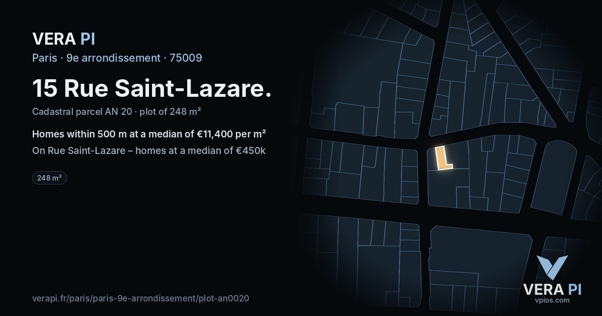 15 Rue Saint-Lazare, 9e arrondissement at night – the plot lit, the parcels around coloured by the prices near them