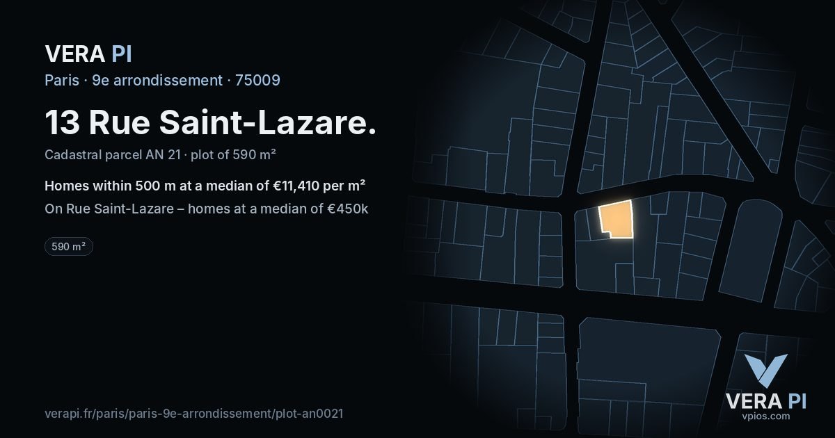 13 Rue Saint-Lazare, 9e arrondissement at night – the plot lit, the parcels around coloured by the prices near them