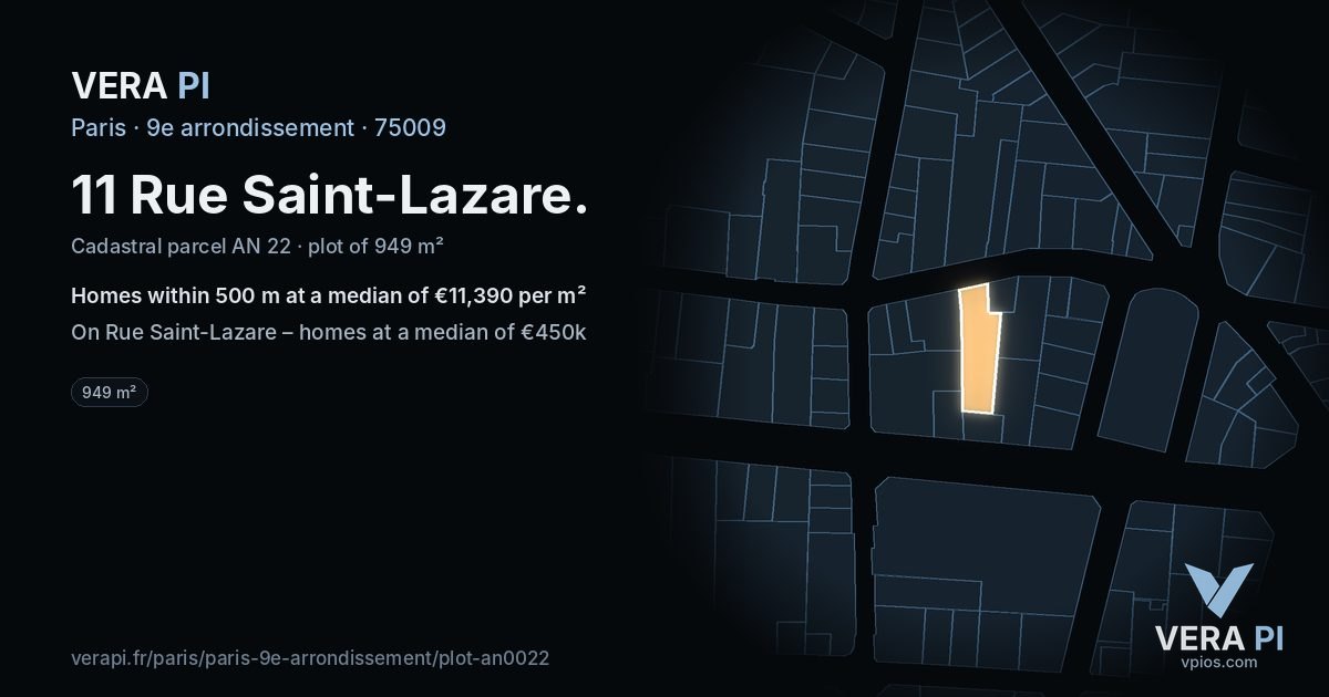 11 Rue Saint-Lazare, 9e arrondissement at night – the plot lit, the parcels around coloured by the prices near them