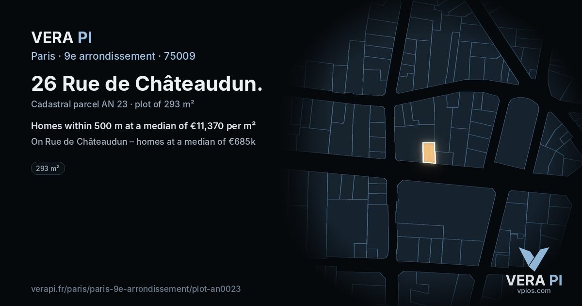 26 Rue de Châteaudun, 9e arrondissement at night – the plot lit, the parcels around coloured by the prices near them