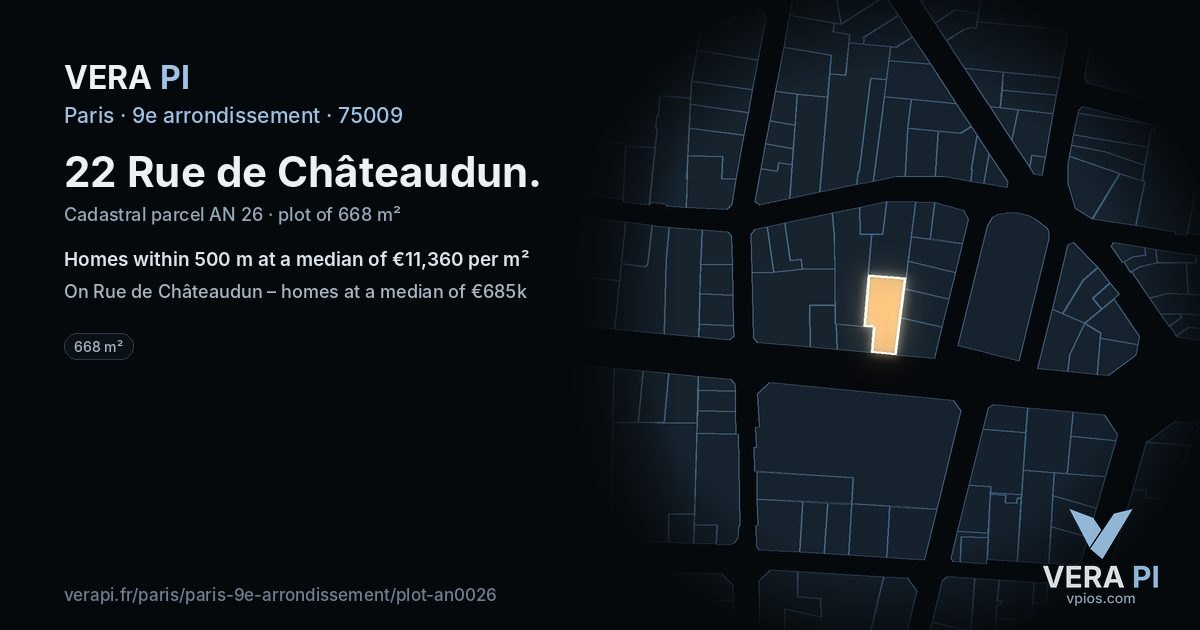 22 Rue de Châteaudun, 9e arrondissement at night – the plot lit, the parcels around coloured by the prices near them