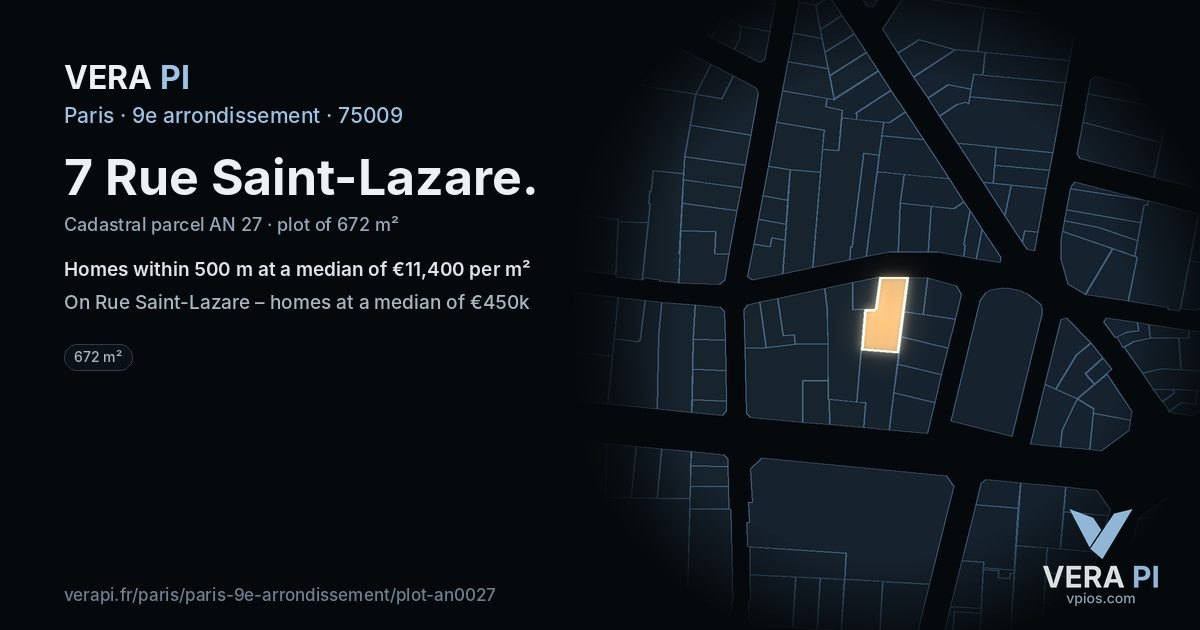 7 Rue Saint-Lazare, 9e arrondissement at night – the plot lit, the parcels around coloured by the prices near them