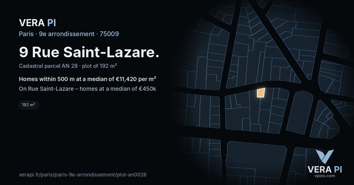 9 Rue Saint-Lazare, 9e arrondissement at night – the plot lit, the parcels around coloured by the prices near them