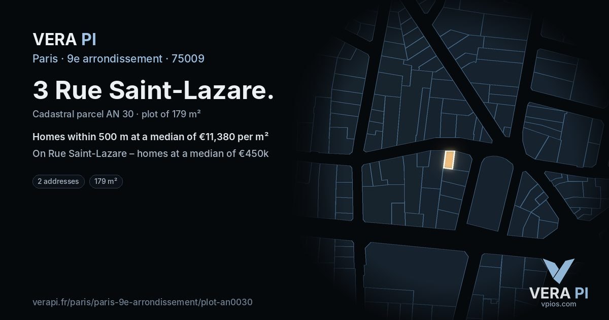 3 Rue Saint-Lazare, 9e arrondissement at night – the plot lit, the parcels around coloured by the prices near them