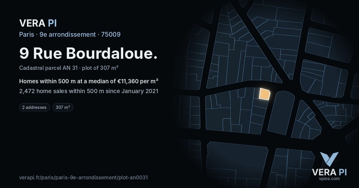 9 Rue Bourdaloue, 9e arrondissement at night – the plot lit, the parcels around coloured by the prices near them