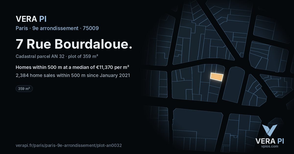 7 Rue Bourdaloue, 9e arrondissement at night – the plot lit, the parcels around coloured by the prices near them