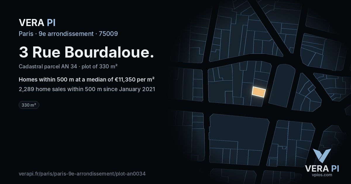 3 Rue Bourdaloue, 9e arrondissement at night – the plot lit, the parcels around coloured by the prices near them